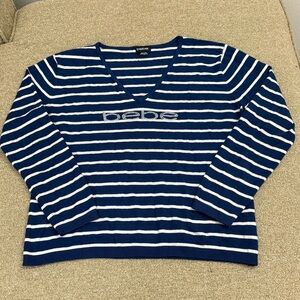 Bebe Navy and White Striped V-Neck Sweater Size XL
